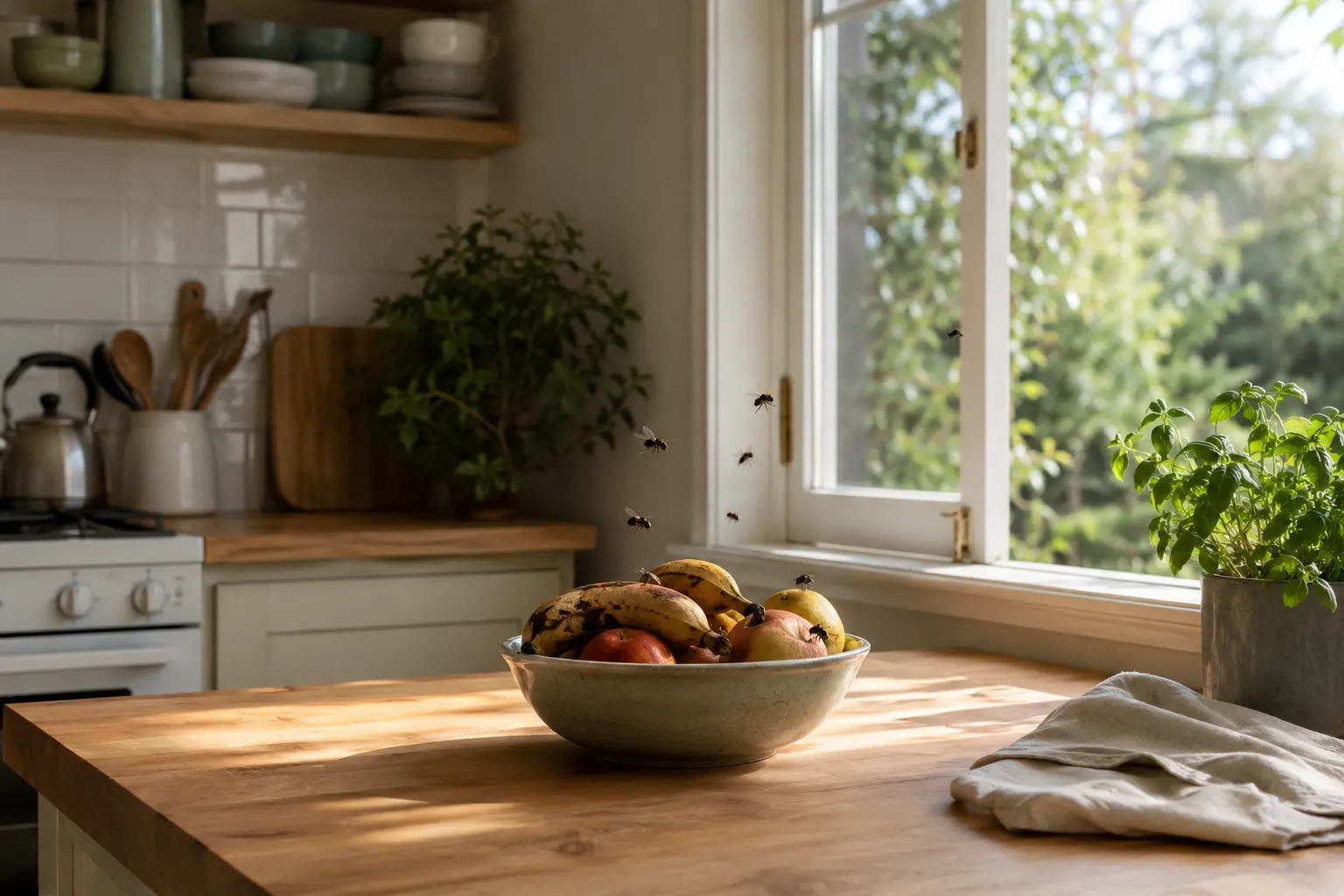 Flies circling a bowl of overripe fruit in a sunlit kitchen