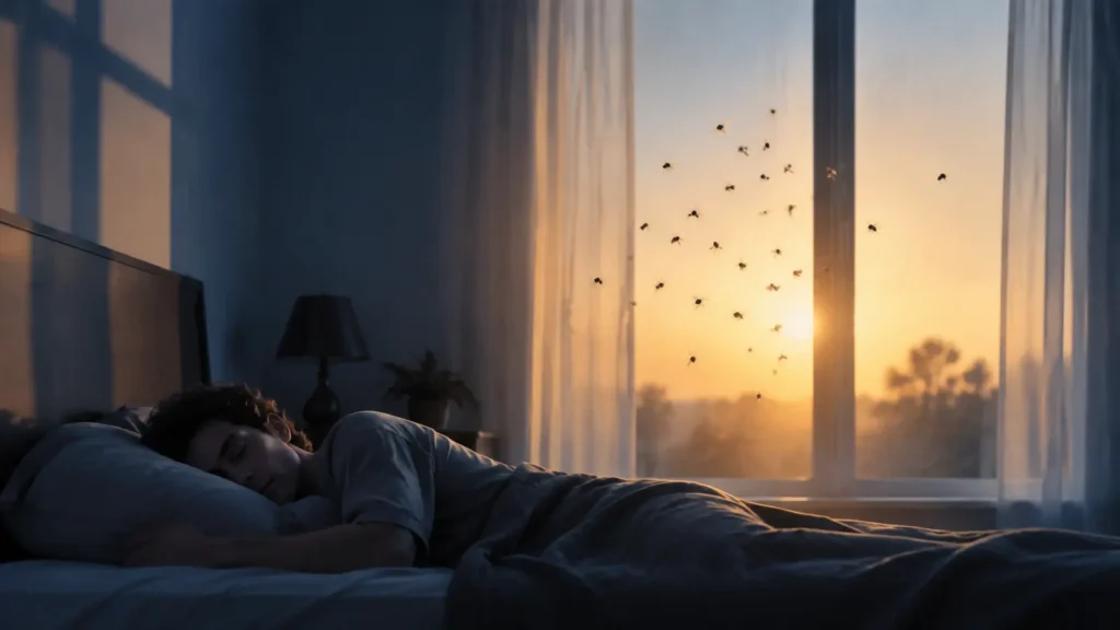 Sleeping person in a dim bedroom as a small group of flies circles near a sunlit window