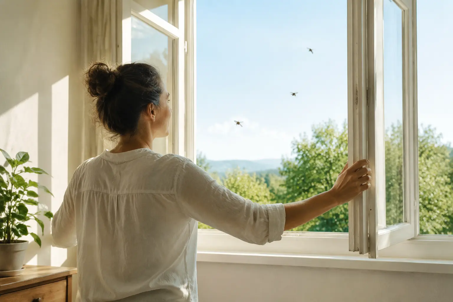 Woman opening a bright window while a few flies move outside
