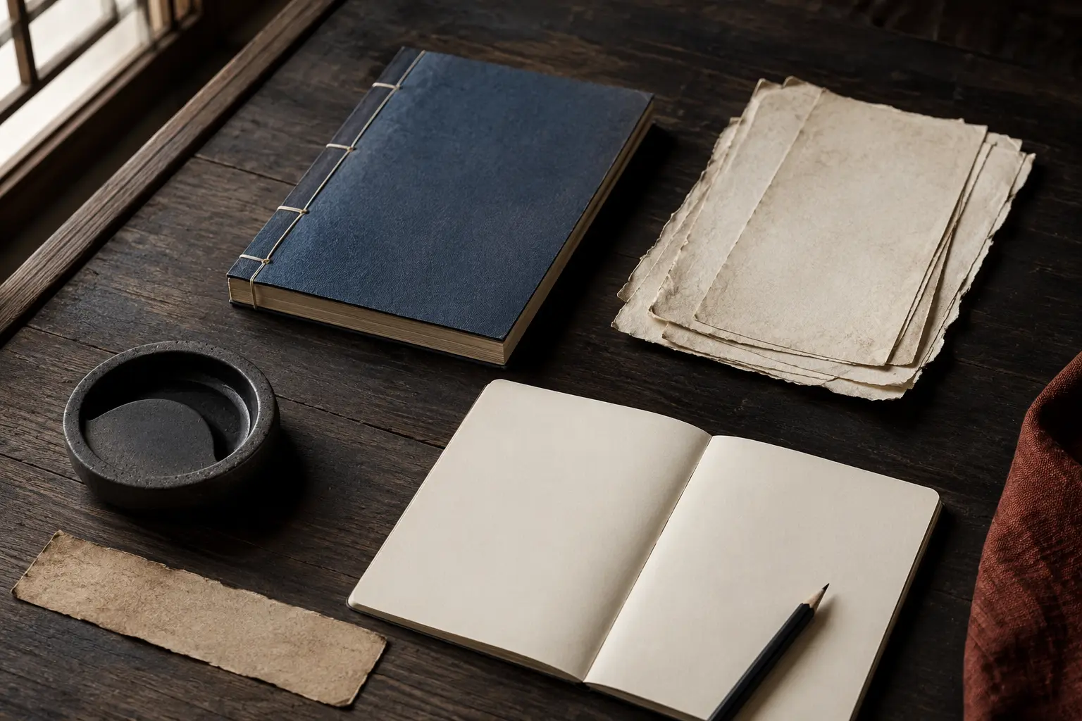 Traditional thread-bound source material beside a modern blank notebook