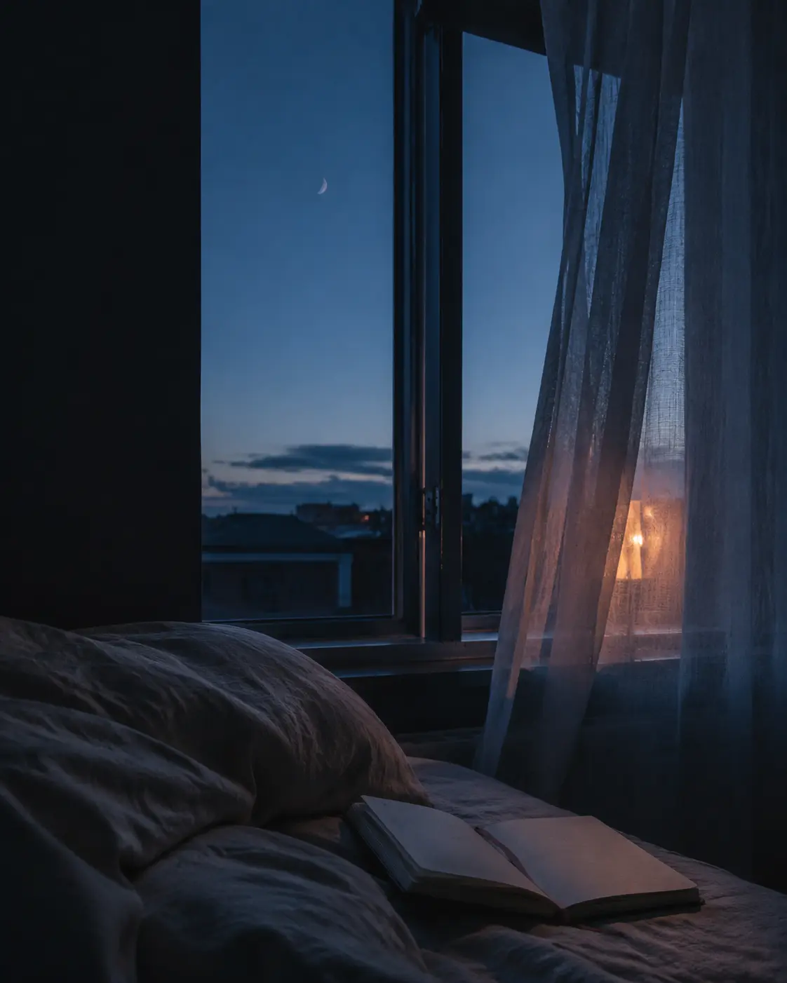 An open dream notebook beside a bedroom window before dawn