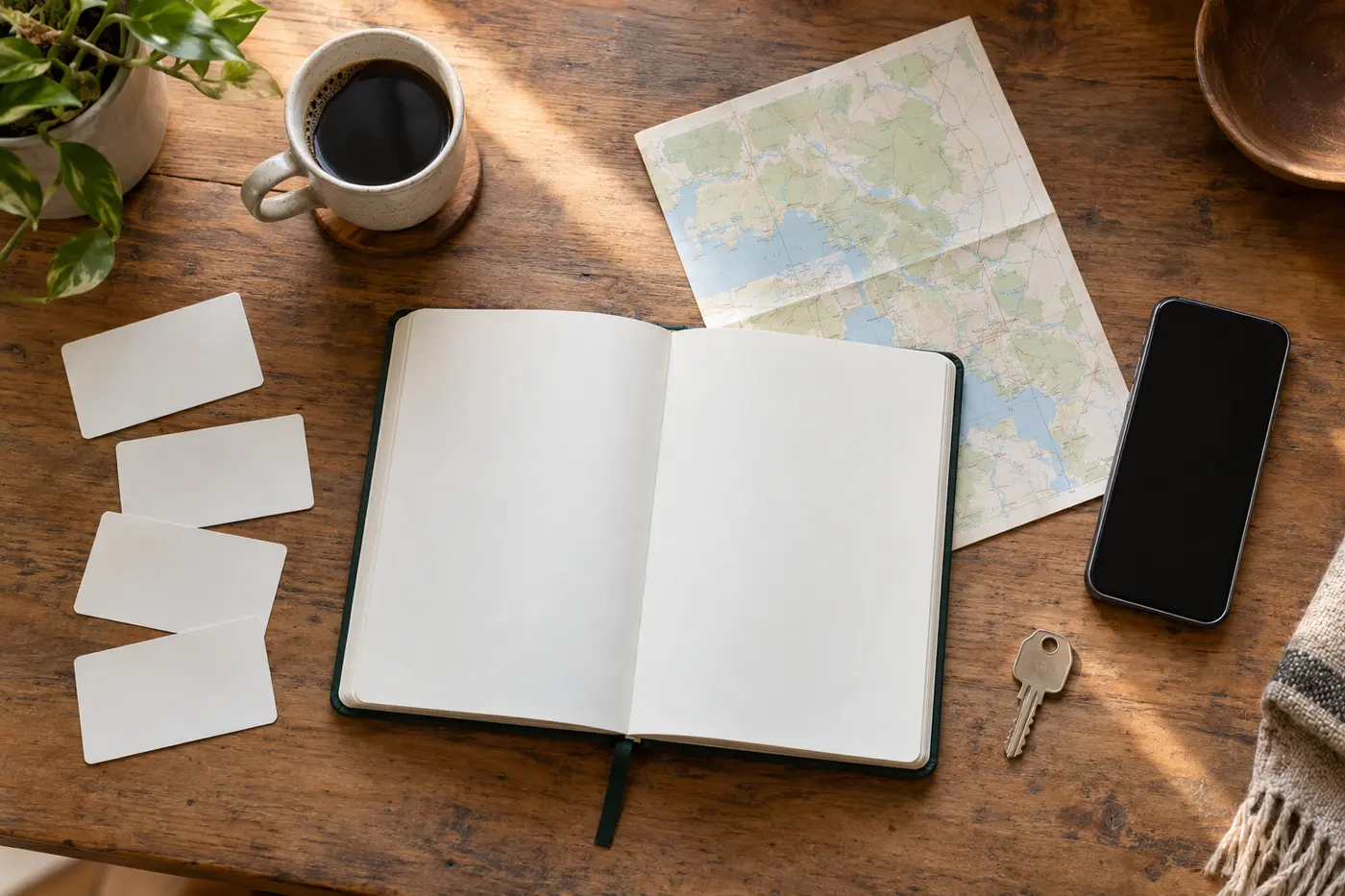 Open dream journal beside a simple map, a house key, a phone, and four blank clue cards