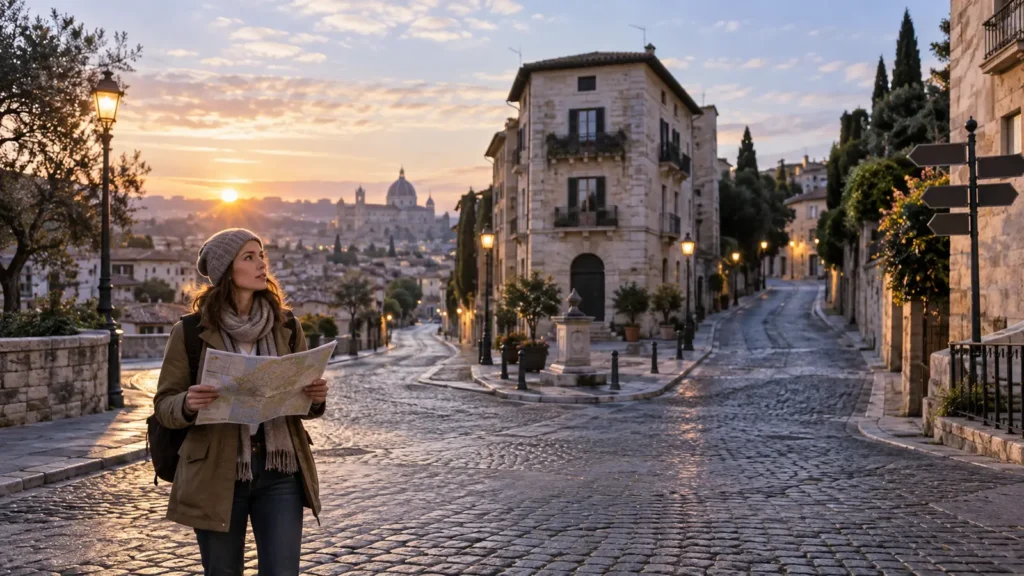 Adult traveler holding a map at an unfamiliar city intersection at dawn