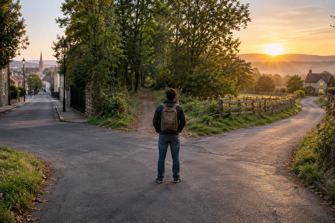Adult standing at a quiet fork where a city street, forest path, and road home meet at dawn