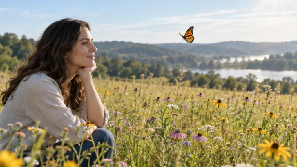 Person watching a monarch butterfly in a sunlit meadow without touching it