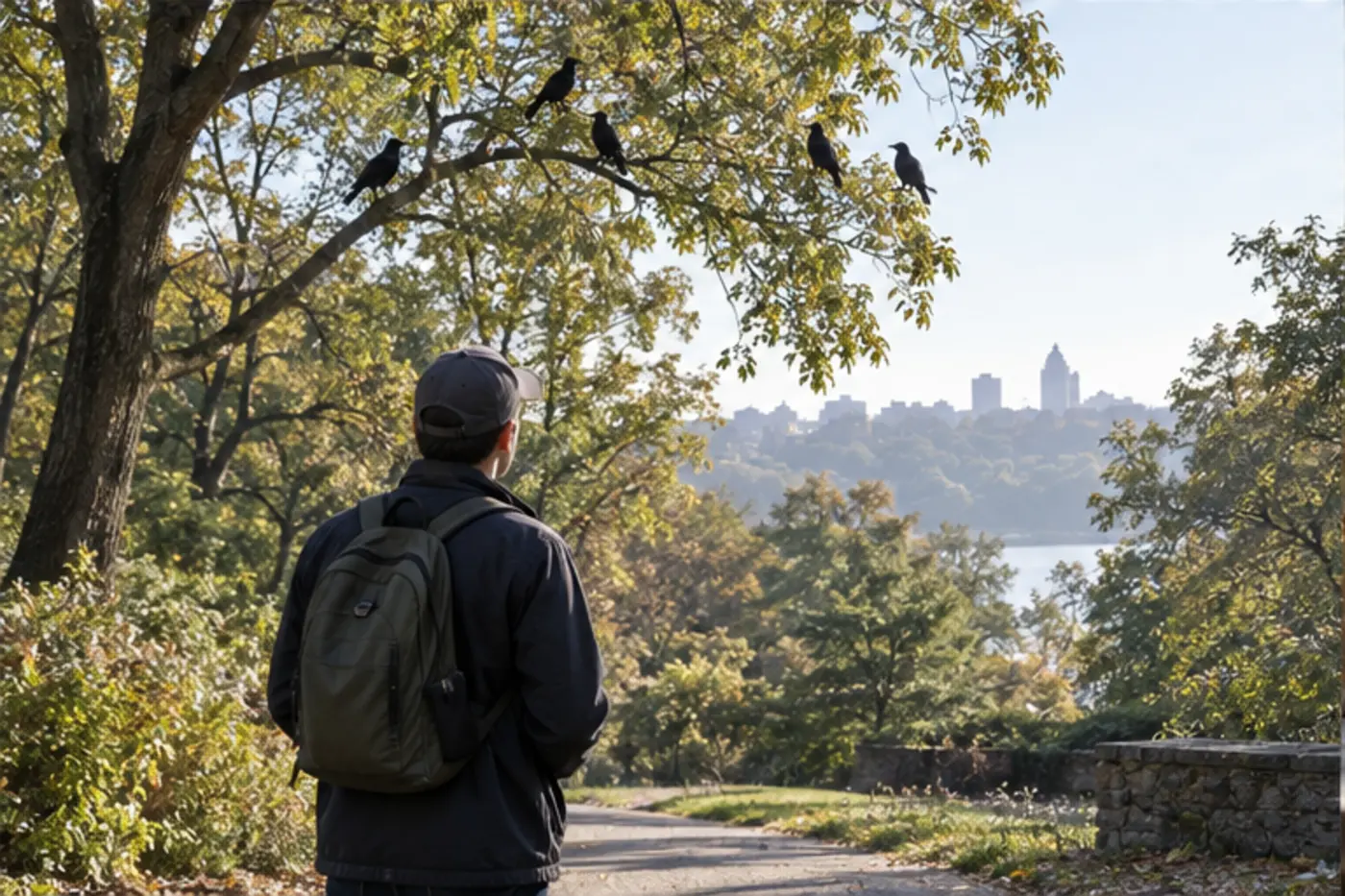 Small flock of crows gathering in distant trees while a person watches from a park path