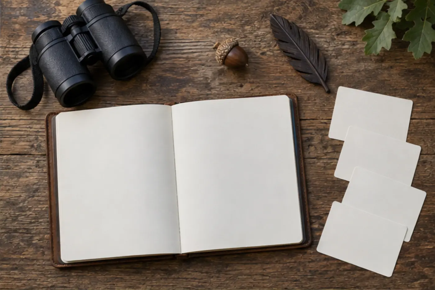 Blank journal beside binoculars, an acorn, a dark feather-shaped token, and four clue cards