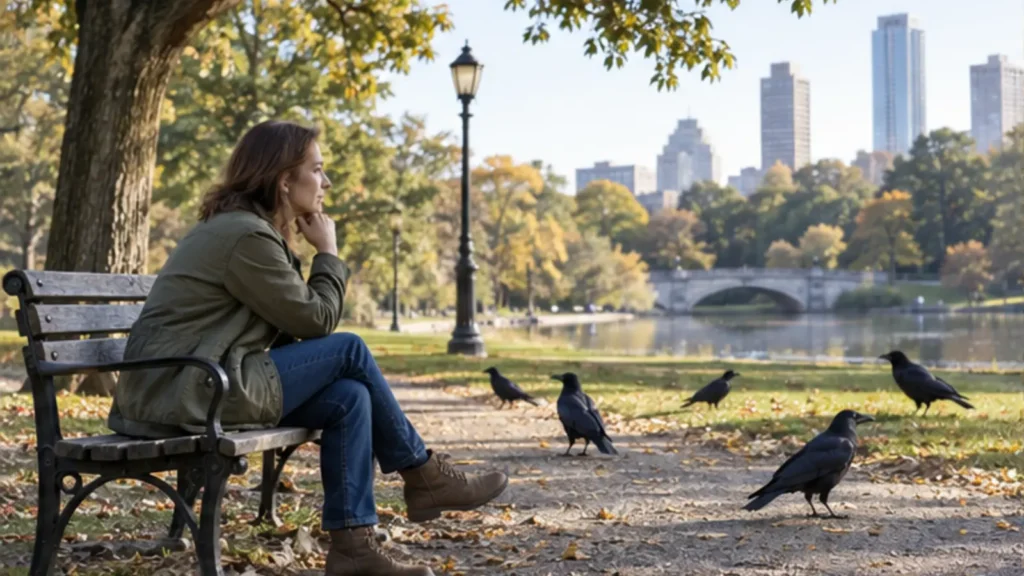 Person watching several crows in a quiet park under soft morning light