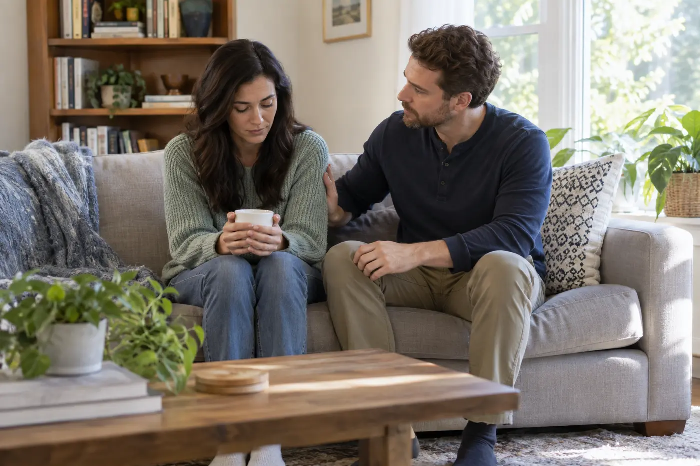 One adult offering quiet support to another in a calm living room