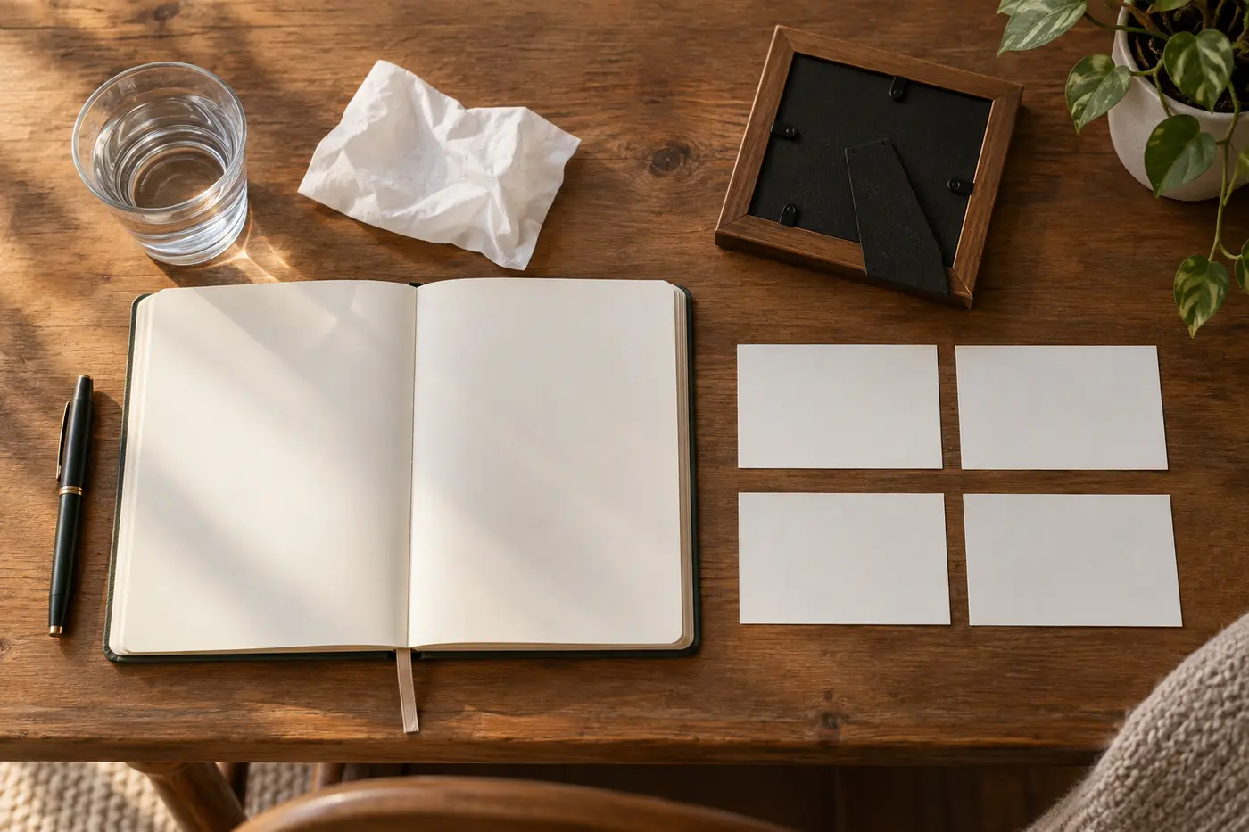 Blank journal beside a tissue, glass of water, family photo turned face down, and four clue cards