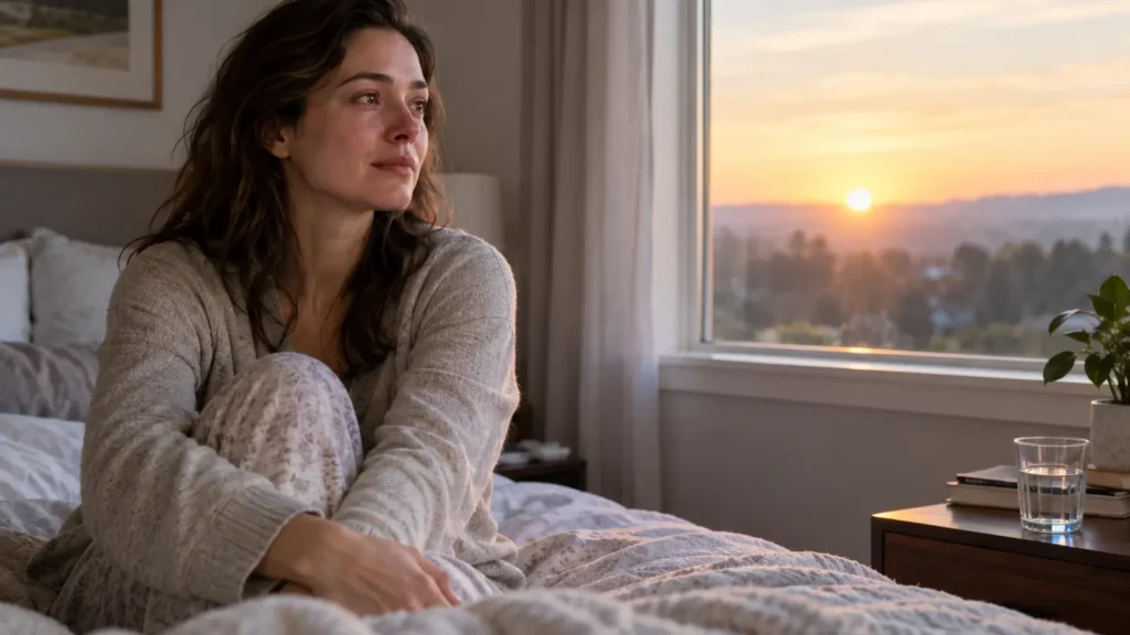 Adult sitting by a window at dawn after waking from an emotional dream