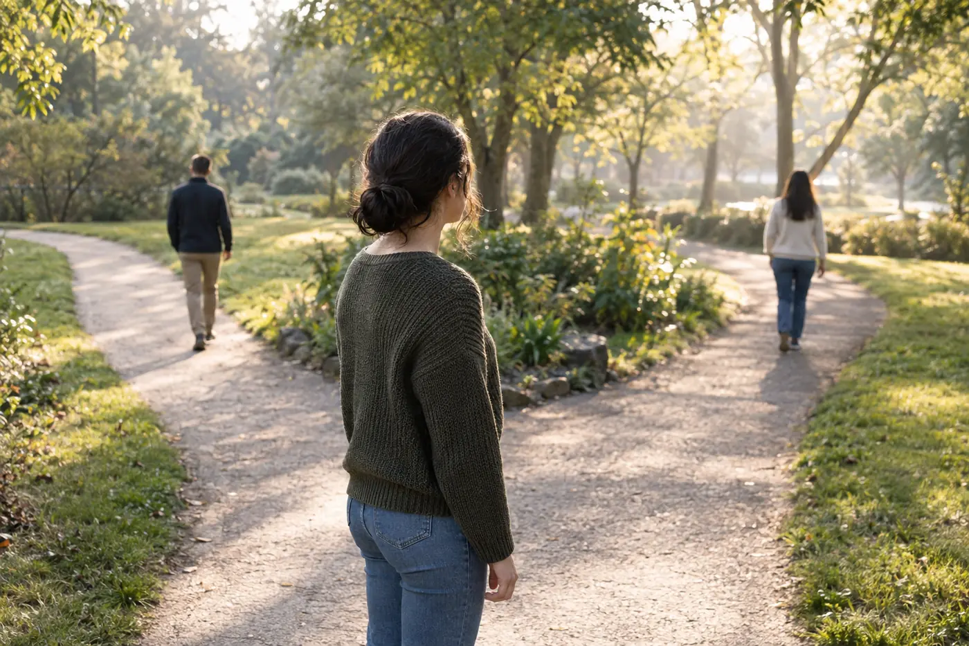 Fully clothed adult at a forked path as two adults walk in different directions