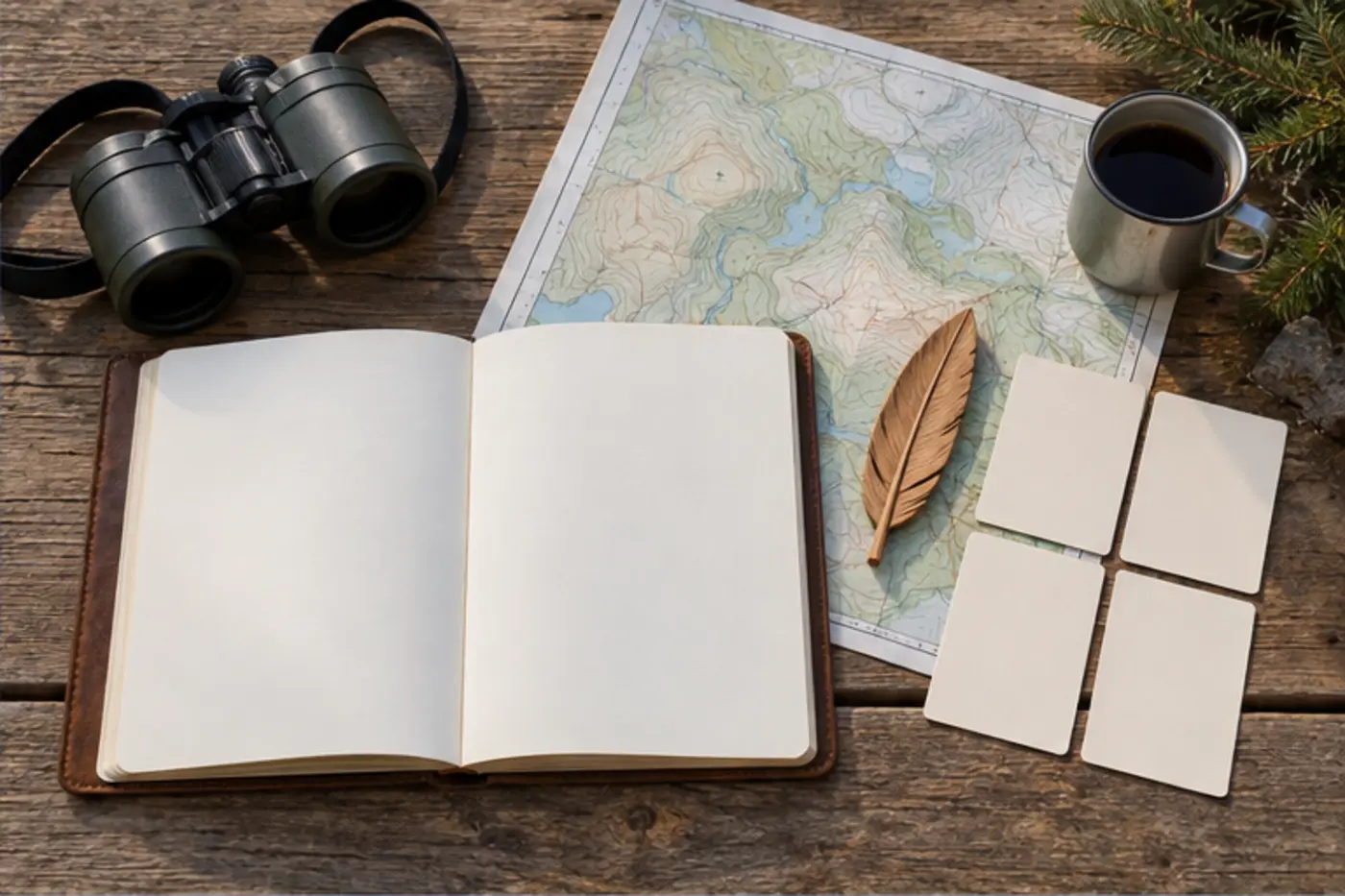 Blank journal beside binoculars, a contour map, one feather-shaped token, and four clue cards