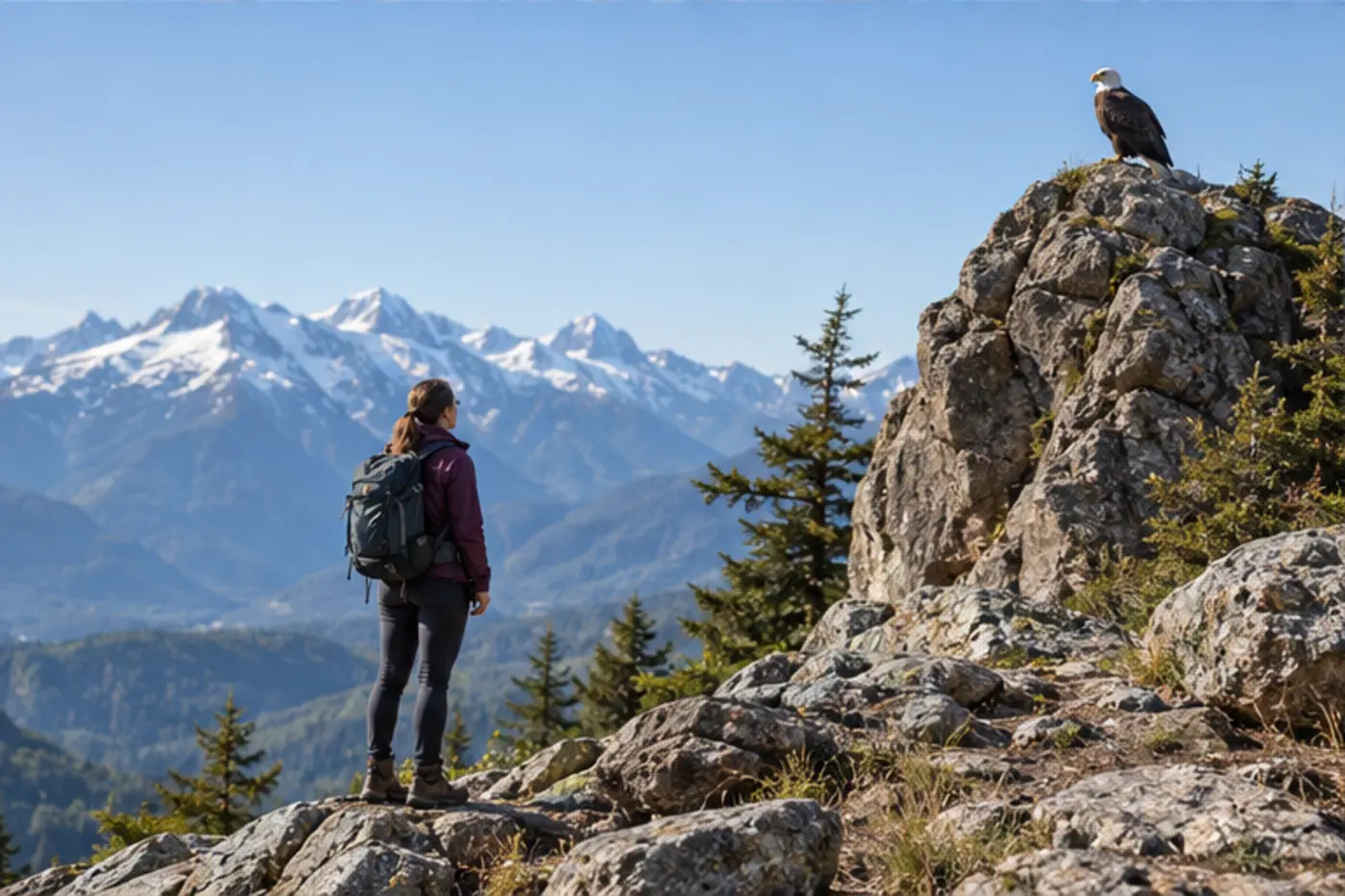 Eagle perched on a distant rock above a hiker standing at a safe lower viewpoint
