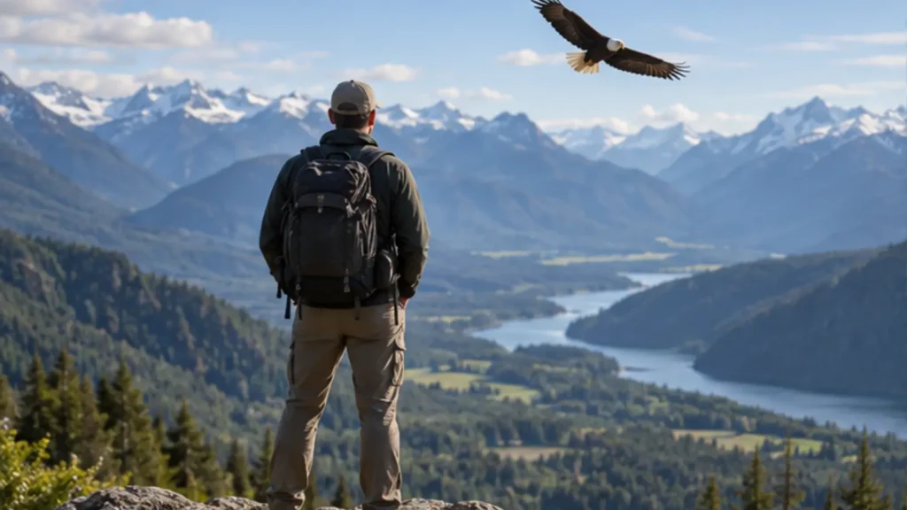 Hiker watching an eagle soar above a broad valley in clear morning light