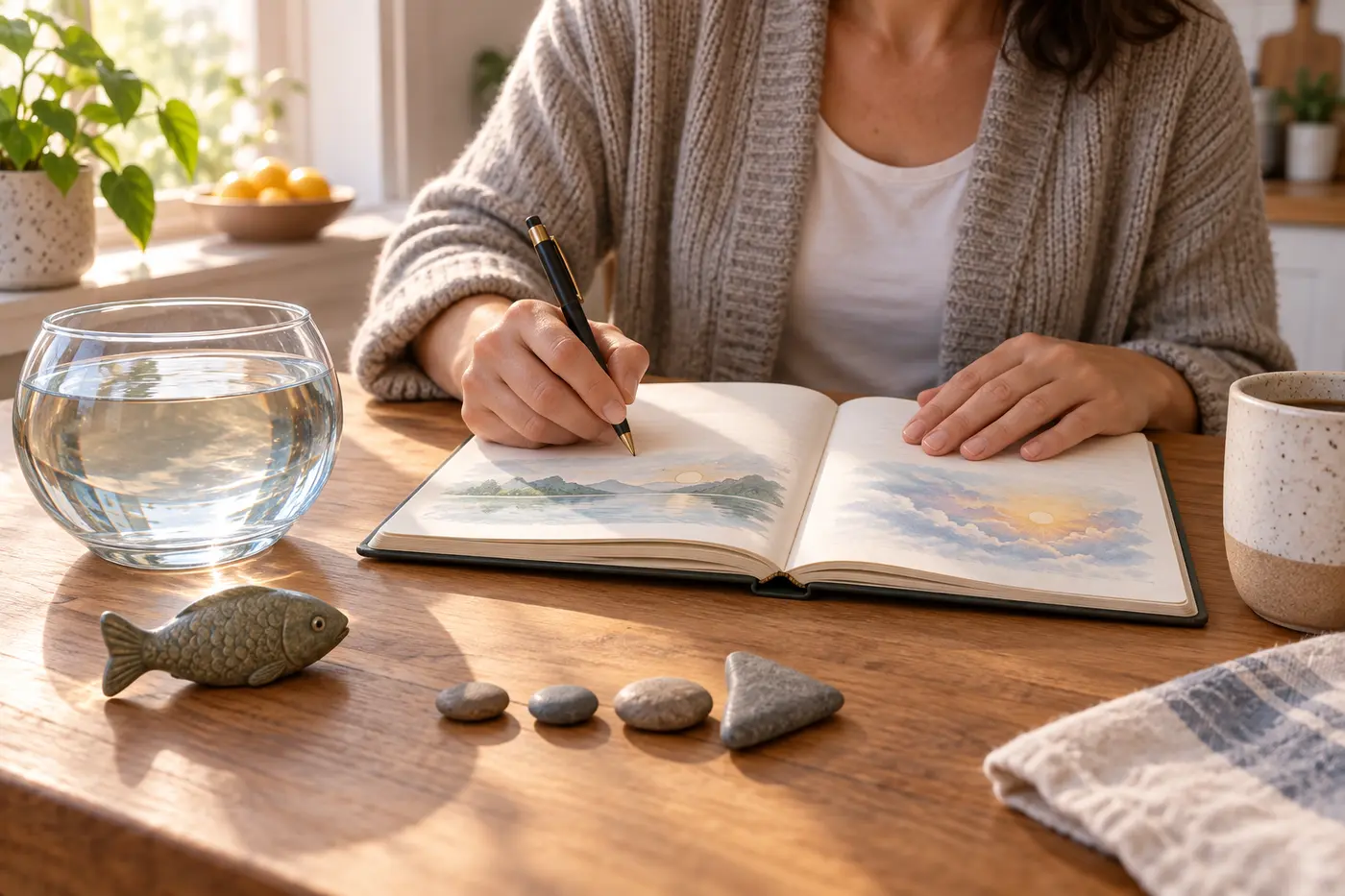 Person recording the water, fish, action, and feeling from a dream in a journal