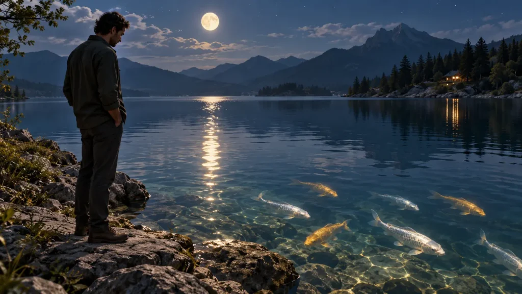 Thoughtful person watching silver and gold fish in a clear moonlit lake
