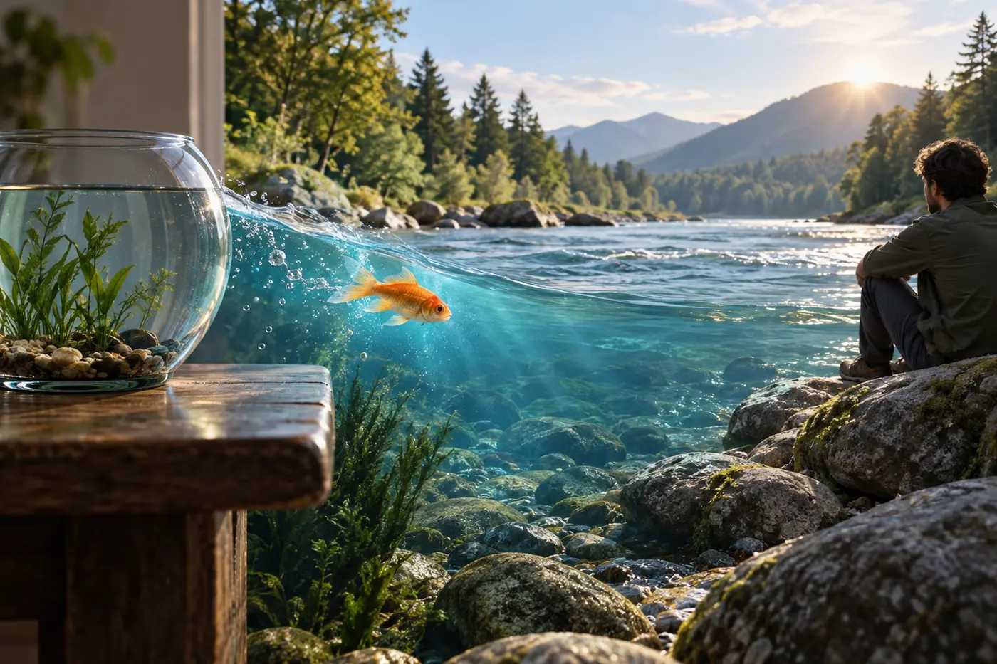 Fish moving from a small aquarium toward a wide clear river
