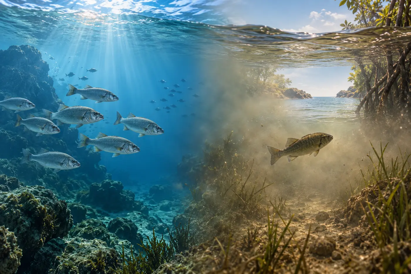 Healthy fish in clear water beside one fish moving through cloudy shallows