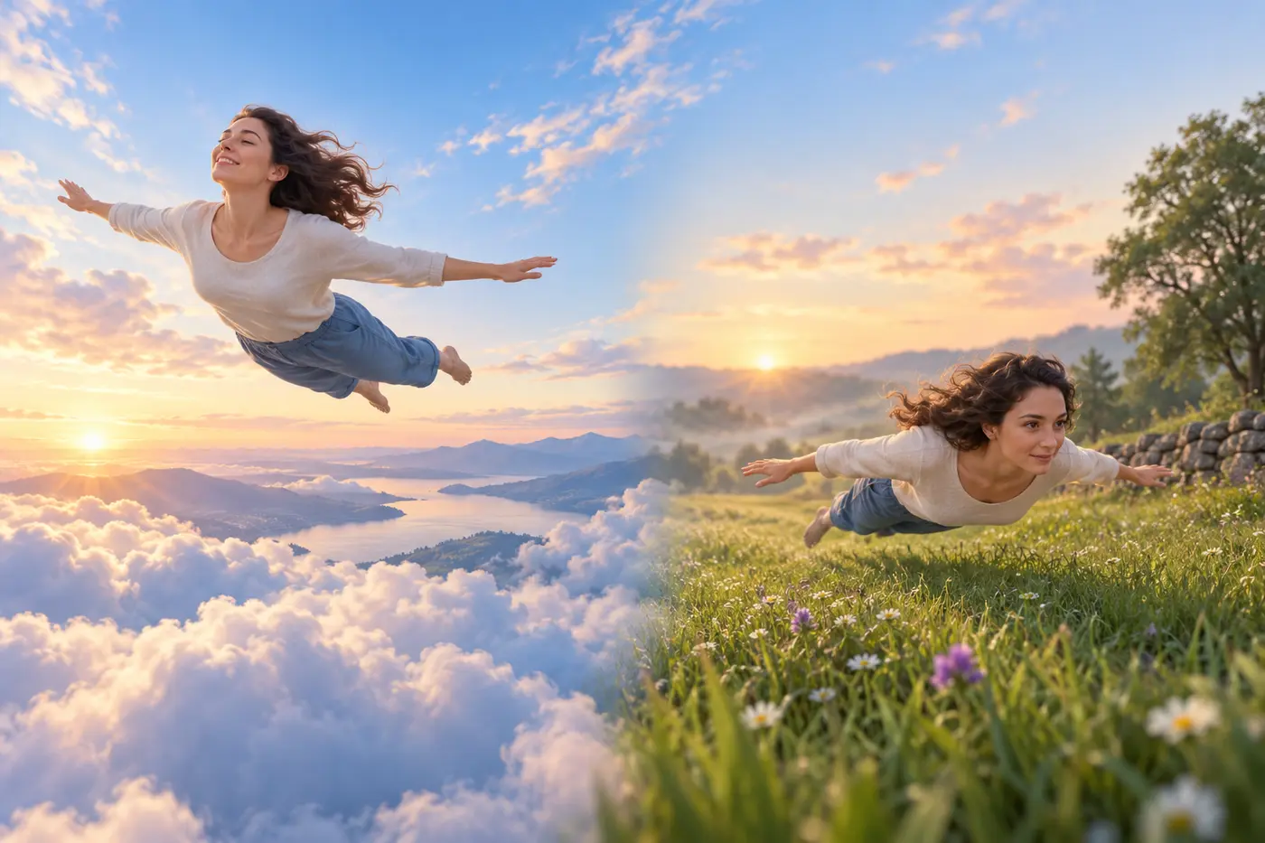 Two dreamlike flight paths showing a calm high flight and a cautious low flight