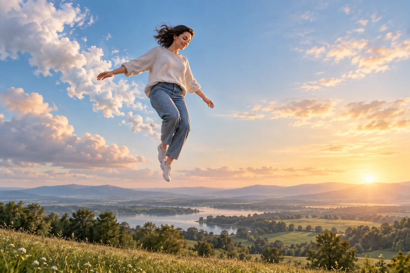 Dreamer descending from a calm flight toward a softly lit landscape without danger
