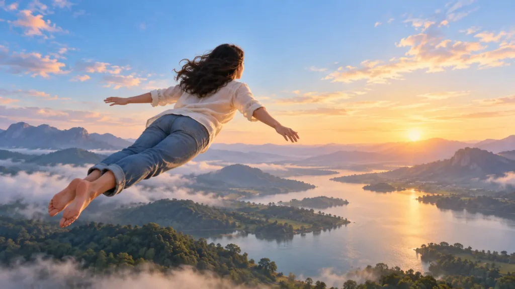 Dreamer flying calmly above a dawn landscape with open sky ahead