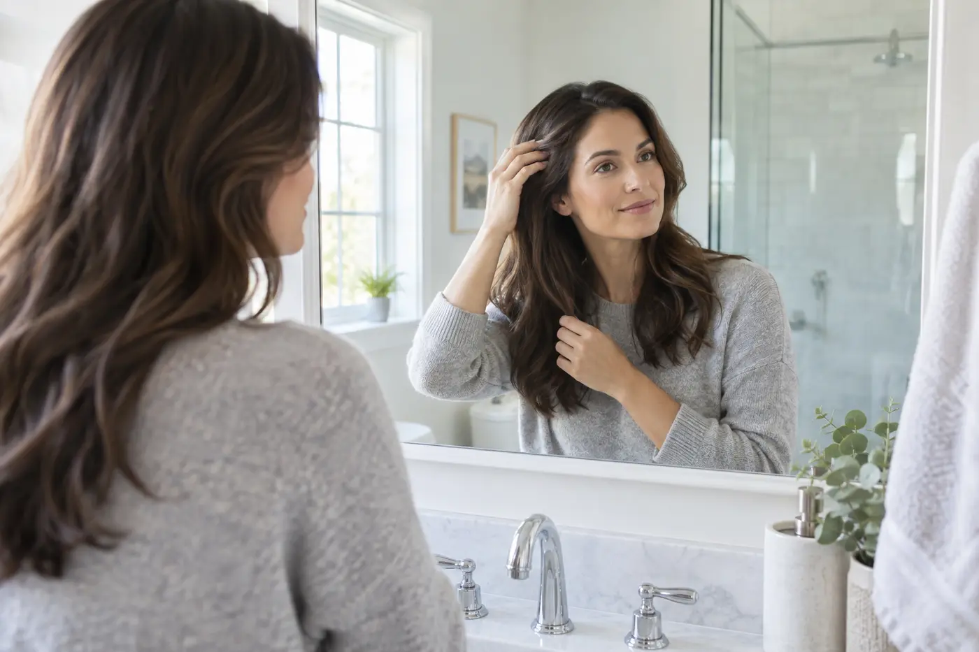 Adult calmly looking into a bathroom mirror while touching healthy hair