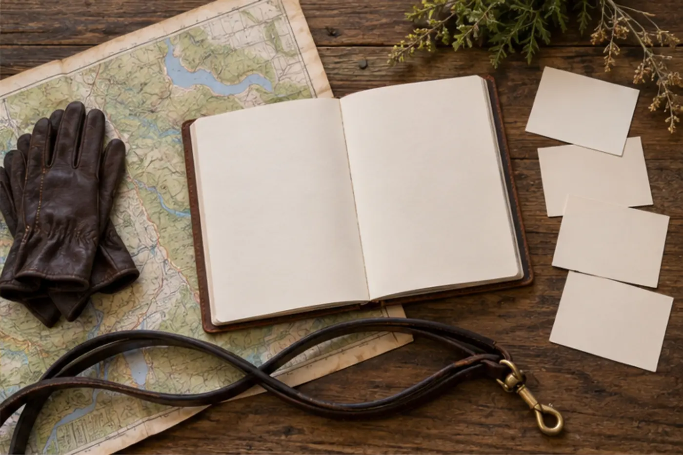Blank journal beside riding gloves, a trail map, a loose rein, and four clue cards