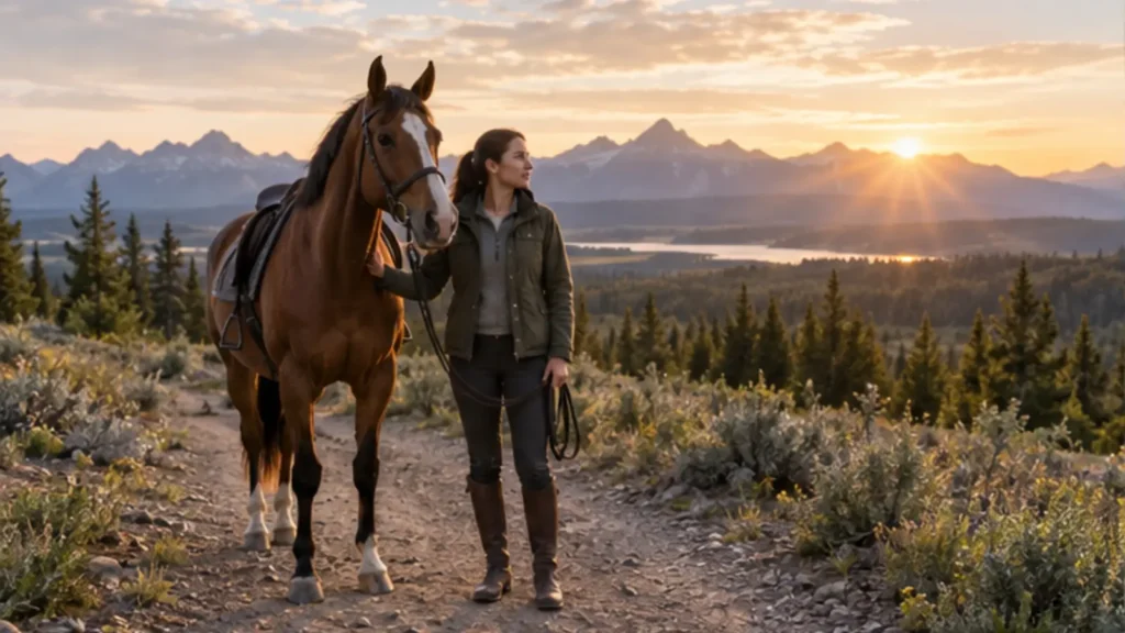 Person standing beside a calm horse on a broad trail at sunrise