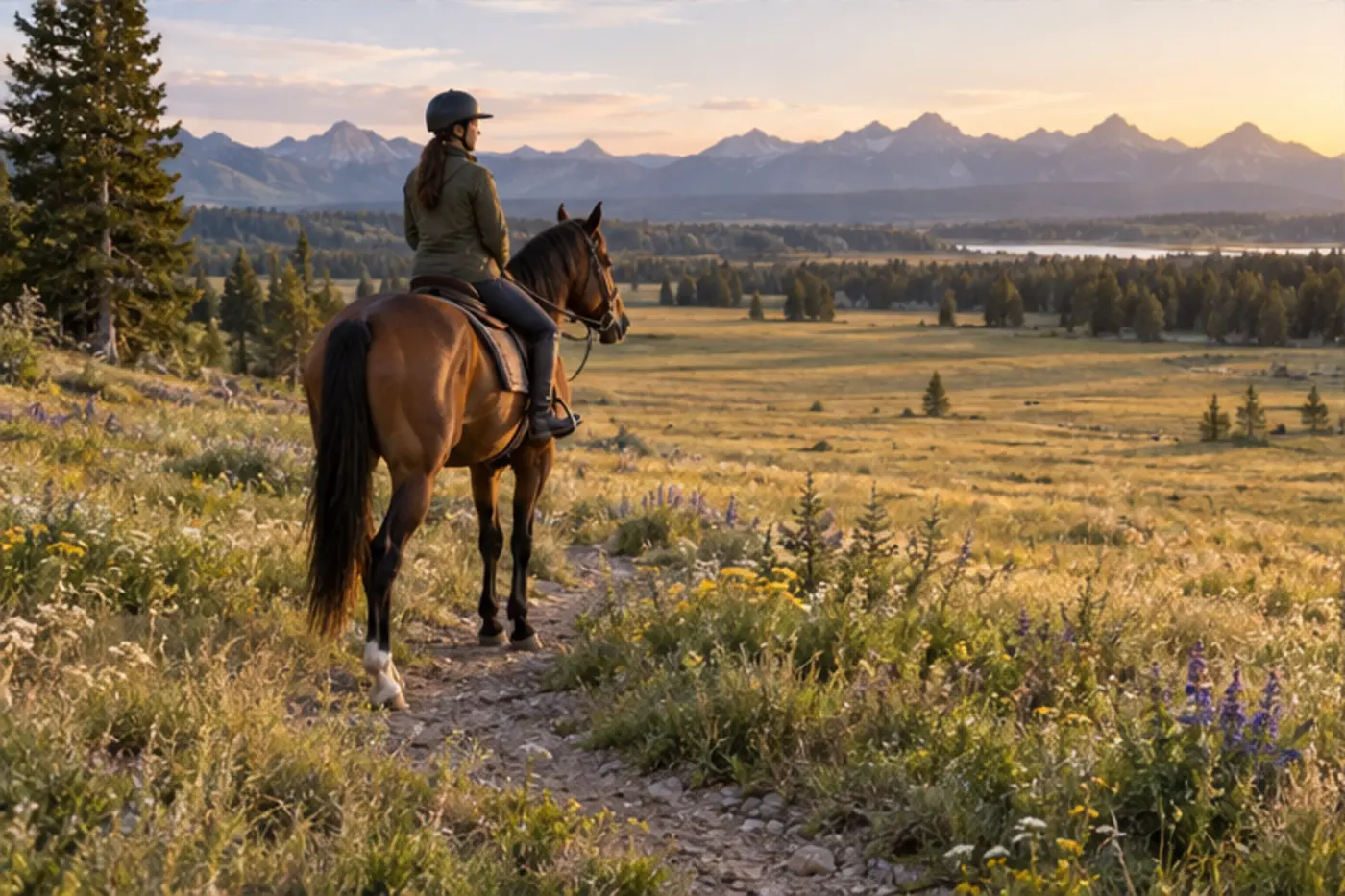 Rider and horse pausing calmly where a narrow trail opens into a wide meadow