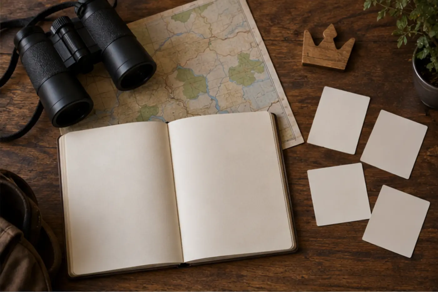 Blank journal beside binoculars, a trail map, a small crown-shaped token, and four clue cards