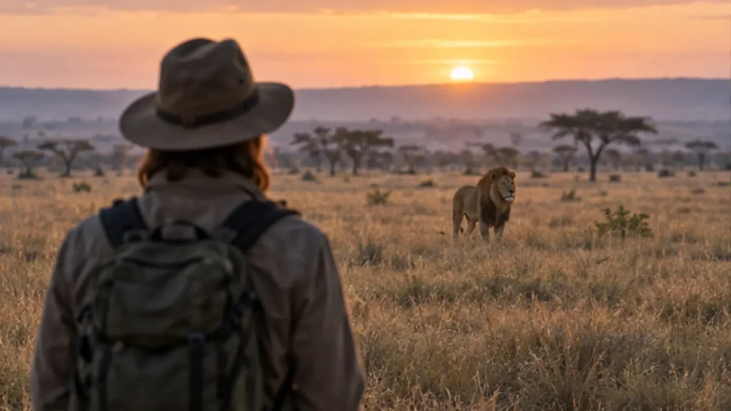 Traveler watching a calm lion from a safe distance on an open plain at dawn