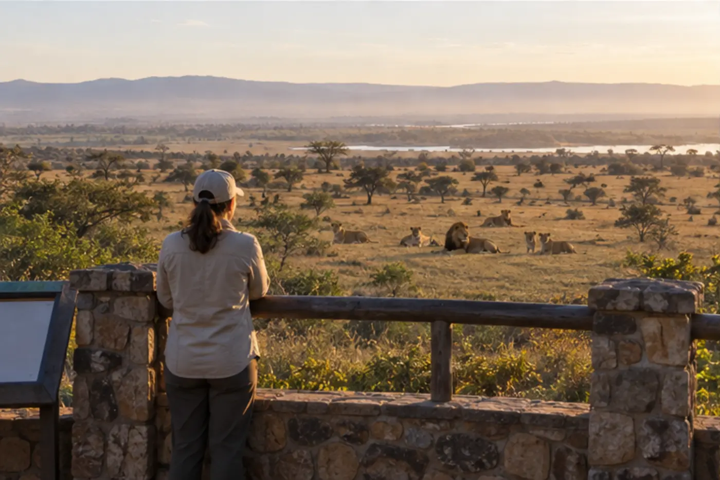 Small lion pride resting far from a traveler near a protected overlook