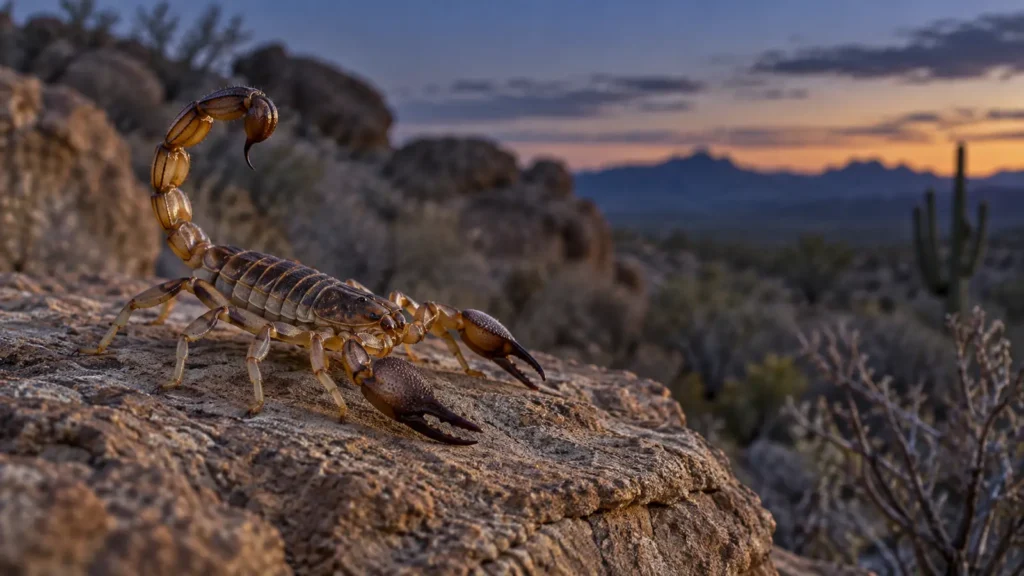 Scorpion standing on a desert stone at twilight