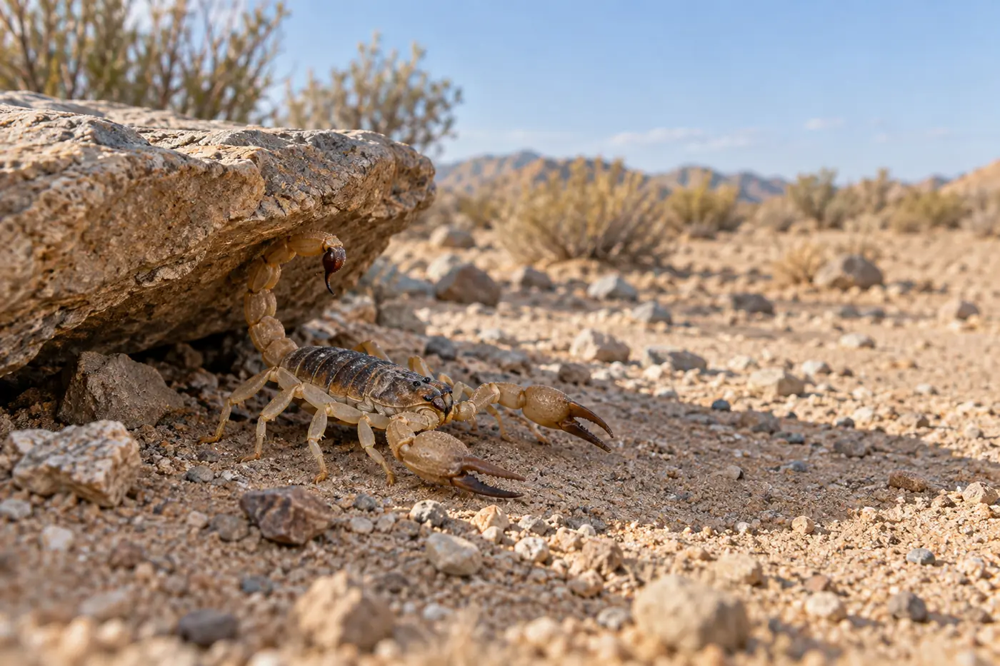 Scorpion partly sheltered beneath a stone with open ground nearby