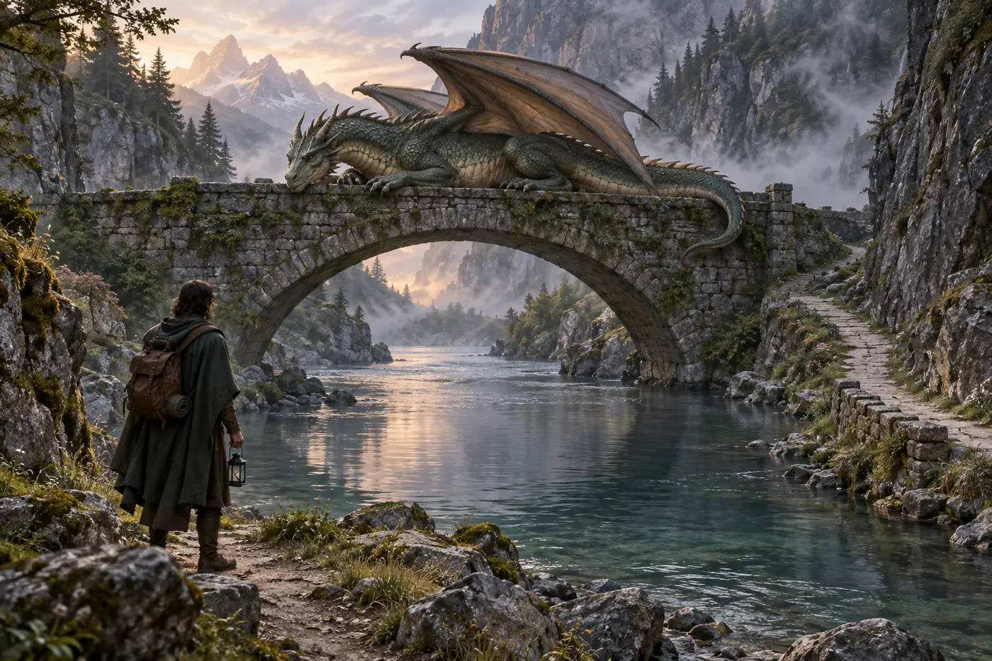 Dragon resting across a stone bridge while a traveler waits at a safe distance