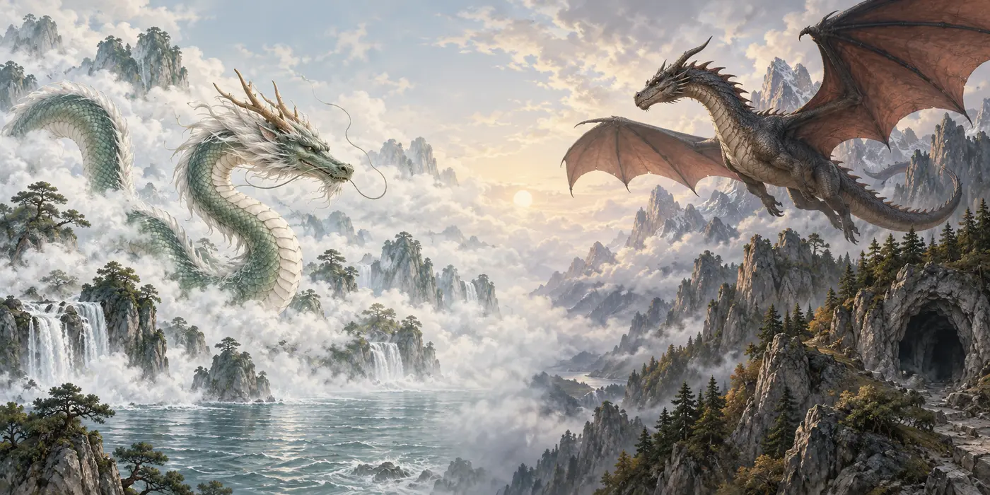 Long cloud dragon and winged mountain dragon in contrasting landscapes