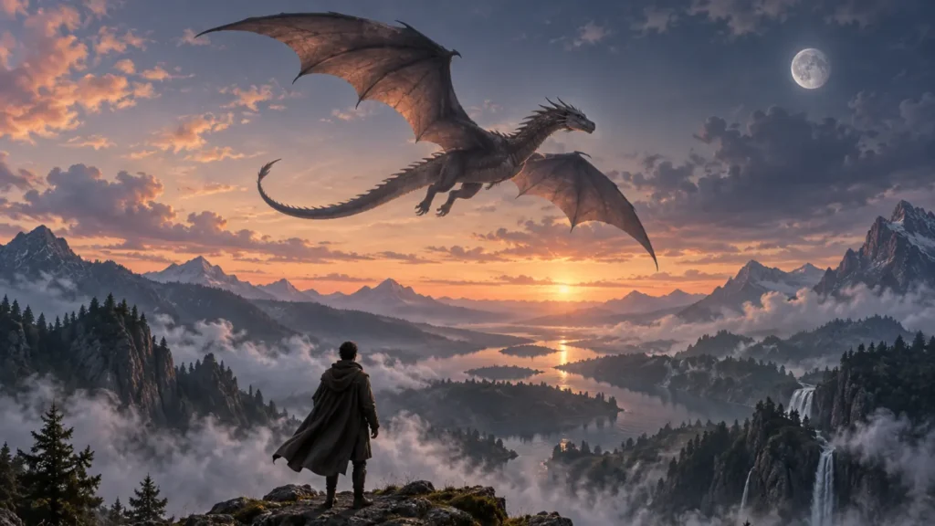 Dreamer watching a dragon circle above a misty mountain valley