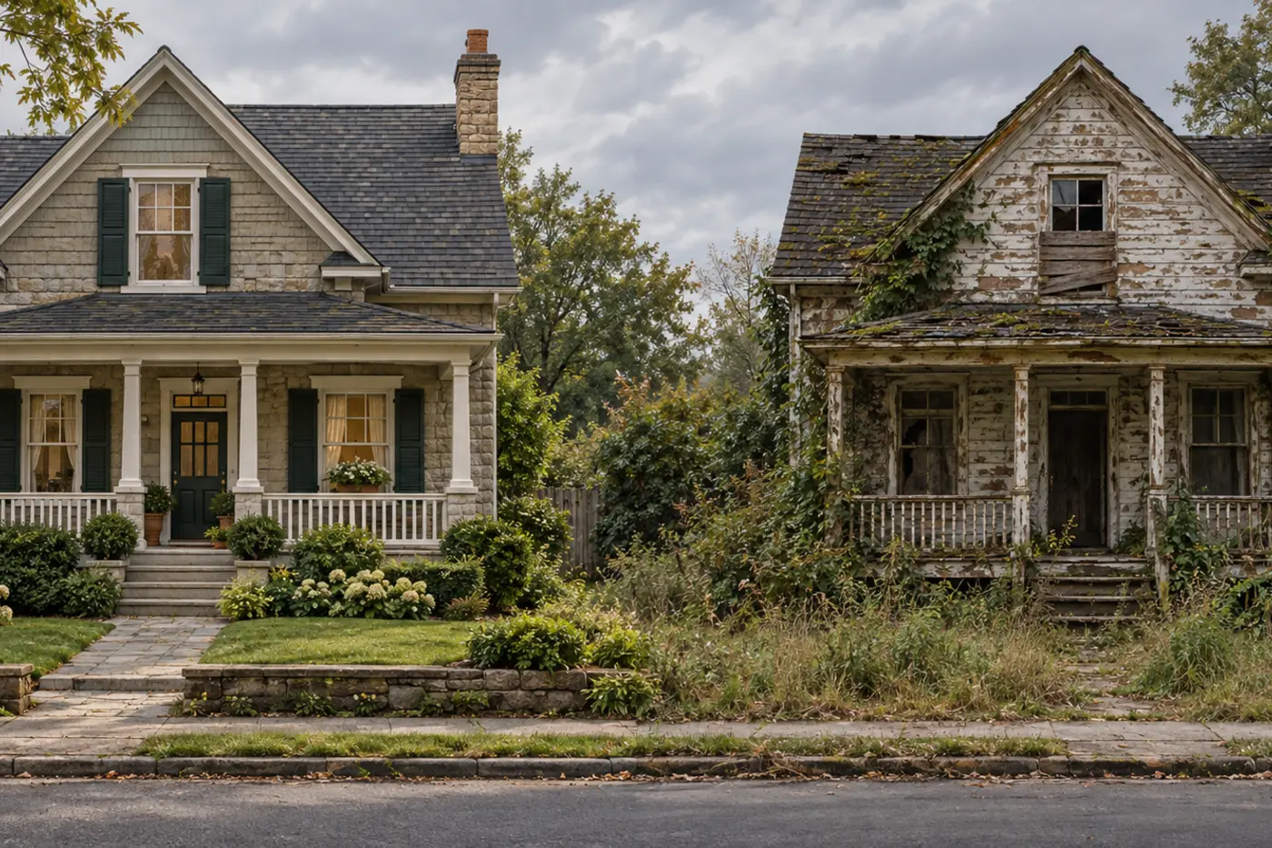 Maintained historic house and neglected abandoned house shown in contrasting settings