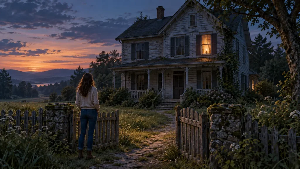 Dreamer standing outside a weathered old house with one warmly lit window