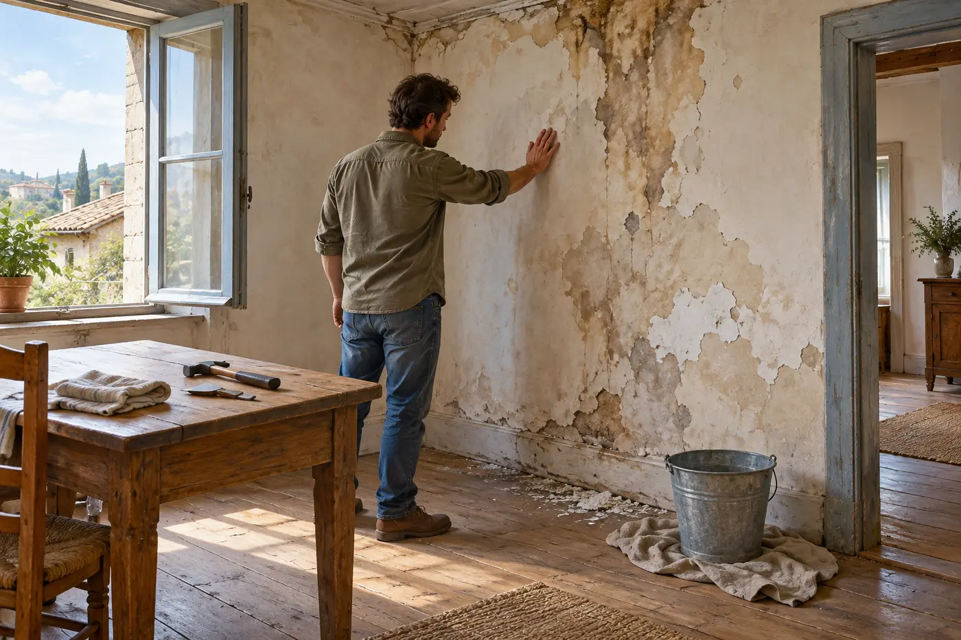 Person examining a damaged room in an old house with cleaning tools nearby
