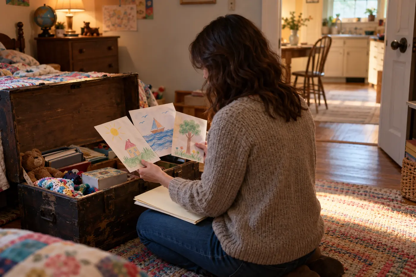 Adult selecting a few drawings from an old box in a childhood bedroom