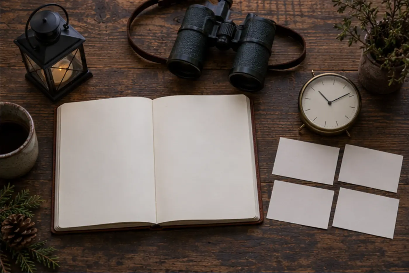 Blank journal beside a small lantern, binoculars, a clock, and four clue cards