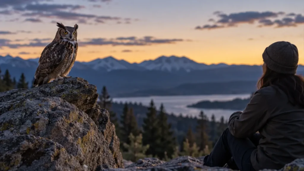 Person observing an owl perched at a safe distance in soft twilight