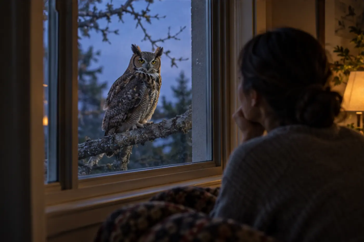 Owl perched outside a closed window while a person watches from a softly lit room
