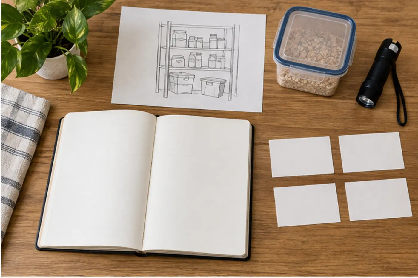 Blank journal beside a pantry sketch, sealed container, flashlight, and four clue cards