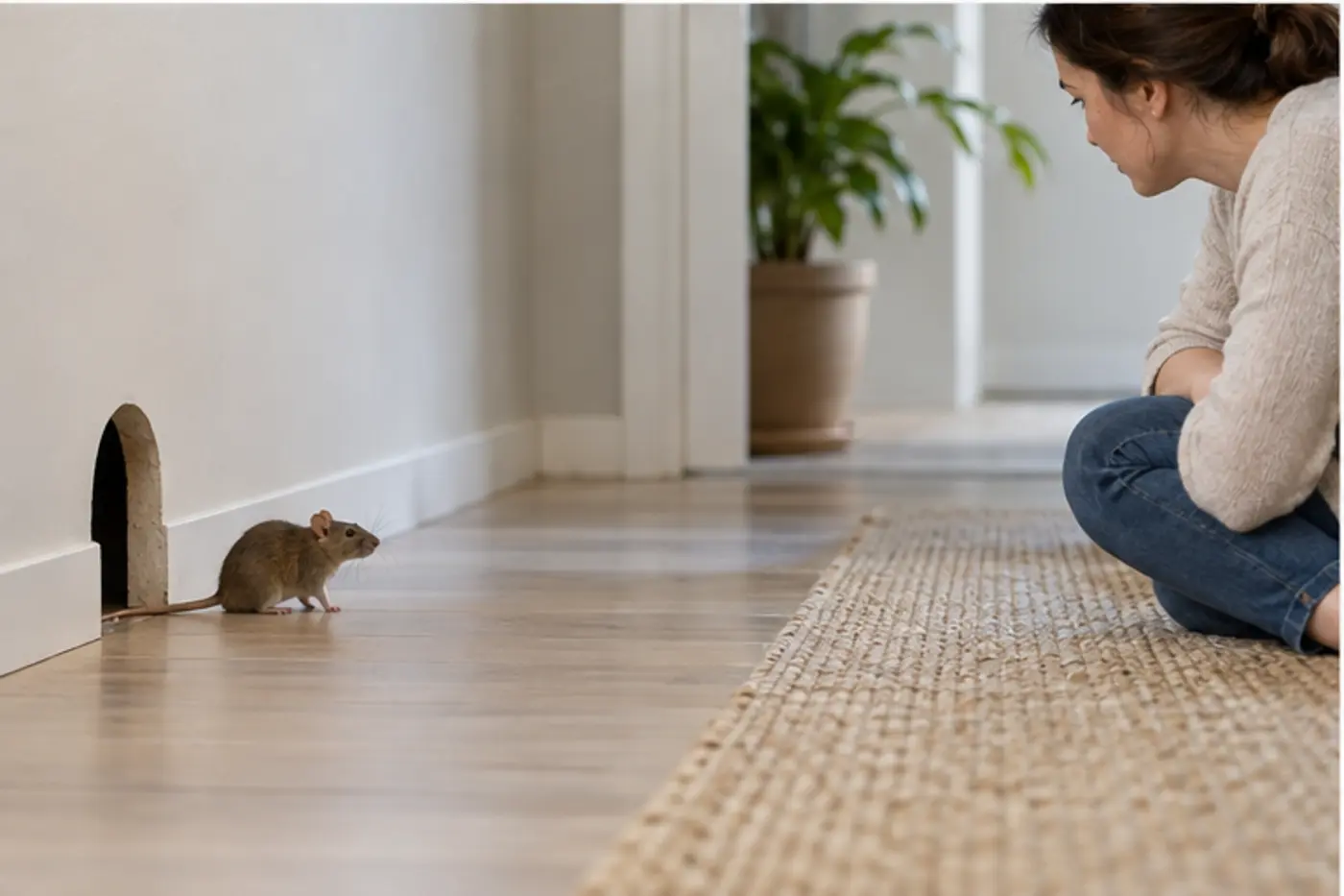 Small rat near a wall opening while an adult observes from a clean safe distance