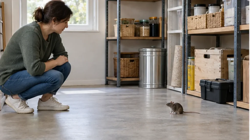 Adult noticing a small rat at a safe distance in a clean storeroom