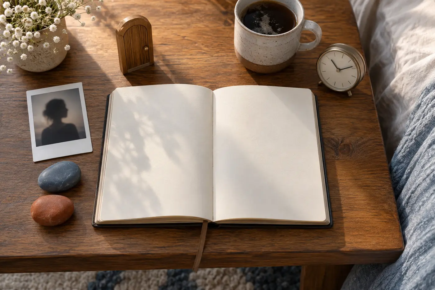 Blank dream journal beside objects representing a person, feelings, boundaries, and the morning after