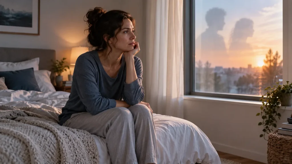 Fully clothed adult sitting on a bed at dawn after a vivid dream